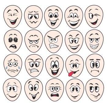 Image Details IST_21327_01204 - Cartoon faces. Happy excited smile laughing  unhappy sad cry mouth and crazy sick scared face expressions character  symbol. Expressive caricatures comic doodle tongue people vector isolated  icon set.