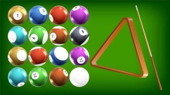 Billiard balls and cue ball with cue sticks crossed on green background  Stock Vector by ©jo@raintreestudio.com 193563118