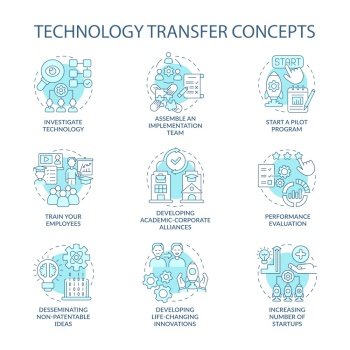 Image Details IST_18896_142134 - Technology transfer concept icons set.  Innovation implementation. Corporate partnership development. idea thin line  color illustrations. Vector isolated outline drawings. Editable stroke.  Technology transfer concept