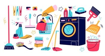 Cleaning tools. Napkin, bucket, broom, gloves, mop, detergent or  disinfectant bottles. Household cleaning products and equipment vector set.  Housekeeping isolated chemicals and liquids Stock Vector Image & Art - Alamy