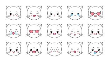 Image Details IST_21327_03434 - Cute emoticon emoji faces. Cartoon kawaii  face expression in japanese anime character. Manga emotion kiss, cry and  angry vector icons set. Happy and sad emotions, sleeping, ill, stressed