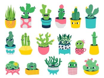 Cute kawaii cactus in pots. Cartoon style. Vector images on a