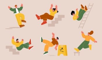 People falling down stairs, tripping and slipping on wet floor. Young or  adult characters stumble slip or fall injury accidents vector set 23355800  Vector Art at Vecteezy