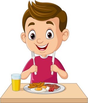 Premium Vector  Boy sits at table munching cereal sipping juice morning  sunlight streams in creating a warm cozy scene of nourishment and routine  with little child character cartoon people vector illustration