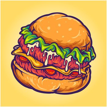 Sticker Hamburger explose. Vector illustration 