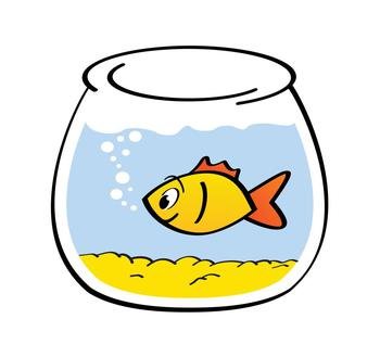 Image Details IST_30674_01711 - cartoon, comic fish bowl or aquarium.  Goldfish in a bowl. Fishbones or fishbone sign. Swims underwater. Vector  swimming in the sea pattern, background banner, ocean icon or pictogram.