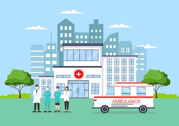 Image Details IST_30788_02410 - Hospital Building for Healthcare Cartoon  Background Vector Illustration with, Ambulance Car, Doctor, Patient, Nurses  and Medical Clinic Exterior