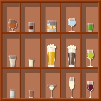Set drink alcohol glass for beer, whiskey, wine, tequila, cognac,  champagne, brandy, cocktails, liquor. Vector illustration isolated on white  background., Stock vector