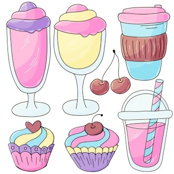 Set of icons of cupcakes, muffins in hand draw style. Collection