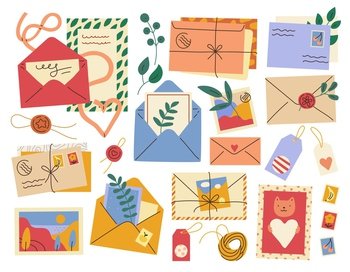 Letters, cards and envelopes. Postcard, paper mail with postmark