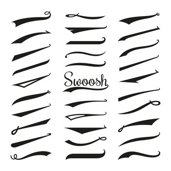 Swash and swoosh. Curly swish tails and sporty plume swirl logo vector  elements for retro banners Stock Vector