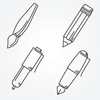 Continuous one line writing accessories. Sketch pencil, brush and pen draw  line strokes. Writer supplies vector set, Stock vector