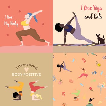 Vector illustration with yoga and healthy lifestyle sports and body  positive concept.Young happy asian oversized woman in yoga position. For  Mobile App Page or Website banner yoga classes Stock Vector