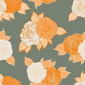 Seamless pattern with flowers and leaves. Hand drawn background. floral  pattern for wallpaper or fabric. Flower rose. Botanic Tile. wall mural  wallpaper