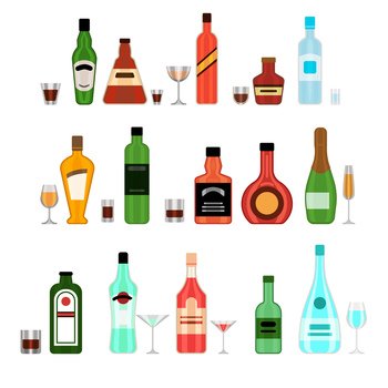 Drink glass. Alcohol concept. Beverage icon set. Line design. Vodka, wine,  champagne, whiskey, liquor, beer, tequila, rum, martini. Cartoon  illustration isolated on white background in flat style Stock Vector