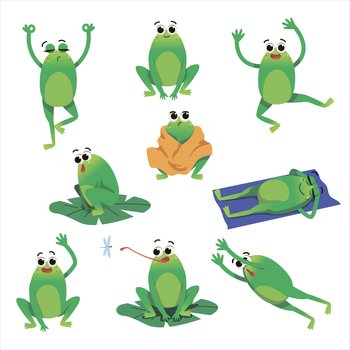 Set of six cute little frogs in cartoon style Vector Image