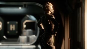Steampunk woman in futuristic space ship