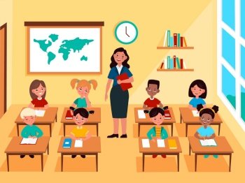 You searched for children study subject. primary or elementary education  vector flat cartoon concept. kids with teacher in classroom. multinational  students at school class interior