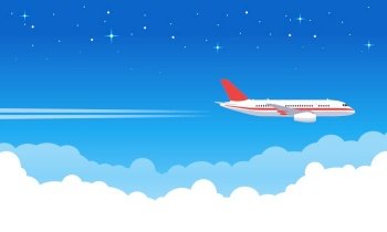 Sky aircraft Airplane flying in blue sky  flight jet aircraft in clouds  airliner vacation or transportation trip vector illustration Trip jet  flig