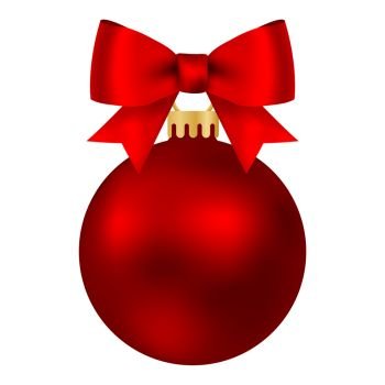 Red decorations Christmas ball hanging on ribbon Isolated. On