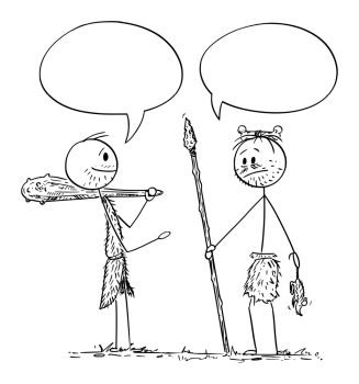 Image Details IST_17050_04551 - Cartoon stick figure drawing conceptual  illustration of two men in conversation with blah-blah or blah speech  bubbles.. Cartoon of Two Men Conversation With Blah-Blah Speech Bubbles