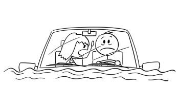 Image Details IST_17050_06072 - Vector cartoon stick figure drawing  conceptual illustration of man or driver driving car in water flood, or  sitting stunned in car after traffic accident fallen in river or
