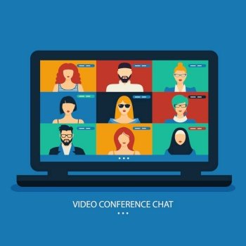African girl friends chat online. Girl sitting in a chair in front of a  laptop and speaks with friend. Video conference, online chat concept.  Working or online meeting from home. Vector illustration.