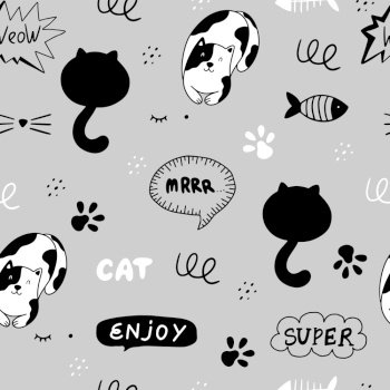 Vector illustration, Cats seamless pattern, Different type of cute cartoon  cat on white background . It can be print and used as wallpaper, packaging,  wrapping paper, fabric and etc. Stock Vector