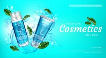 Cosmetics face cream jar and tube on water splash background mockup banner.  Beauty product pearl blue
