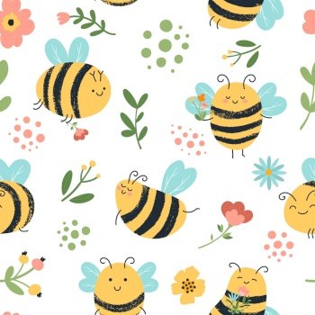 Seamless Pattern With Cartoon Doodle Linear Bee Wrapping Paper Fabric  Textile Background Vector Illustration Stock Illustration - Download Image  Now - iStock