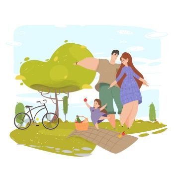 Happy Family Enjoying Picnic on Meadow in Park Cartoon Vector Illustration.  Parents Having Fun, Lunching, Playing with Kids on Weekend Leisure. Dinner  on Nature, Summer Vacations, Outdoor Activities Stock Vector