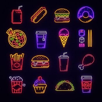 Fast food and drink neon sign for fastfood restaurant  burger cafe or pizzeria design Hamburger  hot dog and fries  cheeseburger  chicken and pizza  