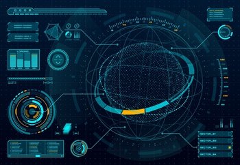 HUD infographic  dashboard panel with space sphere graphs  vector digital interface HUD technology screen with planet hologram  cyber UI and virtual 