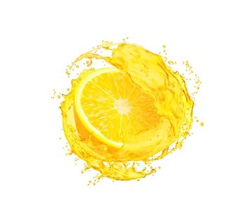 Lemon fruit slice with juice splash Isolated juicy lemonade drink twirl falling droplets or vitamin beverage whirl with splatters Summer refreshing 