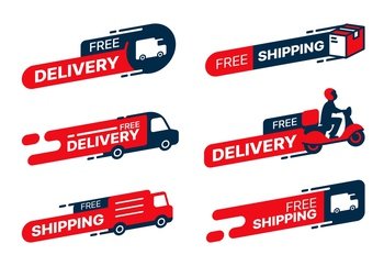Free delivery icons  fast shipping and courier service labels  vector truck cargo tags Free delivery stickers with parcel box on express order car of