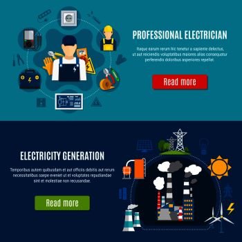 Horizontal flat banners with electrician with professional equipment and electricity generation on blue background isolated vector illustration Elect