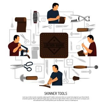 Skinner tools design concept with skinner figurines engaged in manufacture of clothing items and accessories flat vector illustration  Skinner Tools 