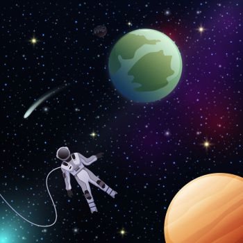 Astronaut in environmental suit in outer space flat composition on dark background with shiny stars vector illustration  Astronaut In Outer Space Fla