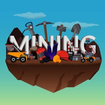 Mining flat composition with typographic lettering  equipment and machineries  workers  plant on blue sky background vector illustration  Mining Flat