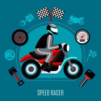 Speed Racer design concept with biker in helmet riding on motorcycle and repair parts decorative icons flat vector illustration  Speed Racer Design C
