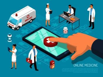 Online medical practitioners doctors consultation on mobile device for quick treatment advice isometric conceptual composition vector illustration  O