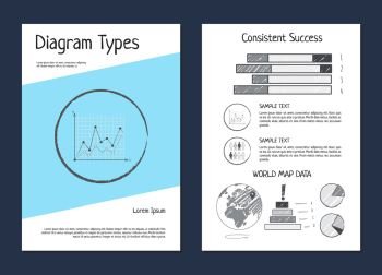 Diagram types and world map data  set of posters with diagrams and graphics  percentage and sample text vector illustration isolated on white Diagram