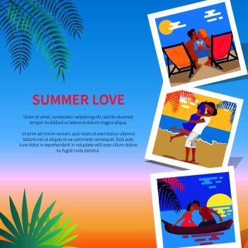 Summer love photographies with romantic couple spending honeymoon or dating on beach near written text on beach template background Summer Love Phot