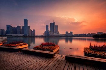 sunset over Swan Lake financial business district  Hefei city  Anhui province  China sunset over Swan Lake financial business district  Hefei city  C