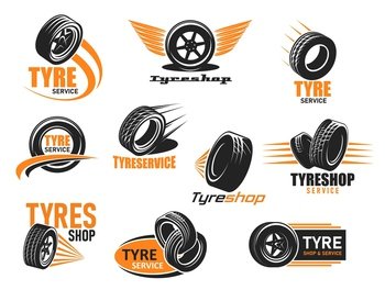 Car tyre shop and service icons Wheel tire repair and balancing Car wheel rims store or repair service vector symbol  vehicle tyres change mechanic 