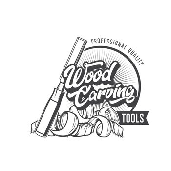 Wood carving tools icon Woodworking industry  carpentry and construction hand equipment store vector emblem  monochrome label or symbol Wood carving