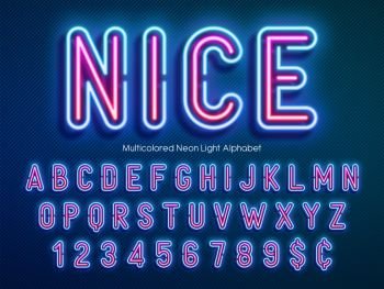 Neon light alphabet  multicolored extra glowing font Exclusive swatch color control Neon light alphabet  multicolored extra glowing font