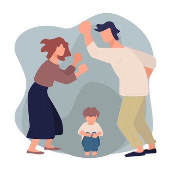 Aggressive parents fighting and quarreling before small frightened child Wife and husband arguing in front of kid Frustrated people and infant Dome