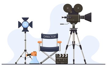 Director film sets Movie camera  director chair  megaphone and clapperboard  film director cinema concept Film production vector illustration Cinem