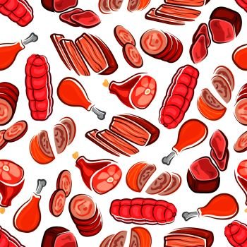 Image Details INH_57556_04935 - Seamless pattern on white background. Fresh  meat. Delicious ham, sausages and Basil leaf. Vector illustration.